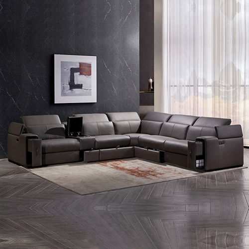 V43-SOF-ATLN-GR-01_5 Corner Sofa Square Wedge Finest Genuine Leather Grey Electric Recliner Storage Drawer with 2x Cup Holders Lounge Set for Living Room - Image 11