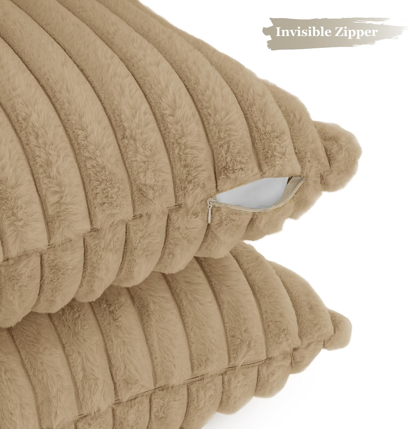 V439-FAUXNATURAL2-45-202506190416-02 Faux Fur Cushion Covers - Chunky Embossed Flannel with Hidden Zipper - Natural, 45cm x 45cm (Pack of 2) - Image 3