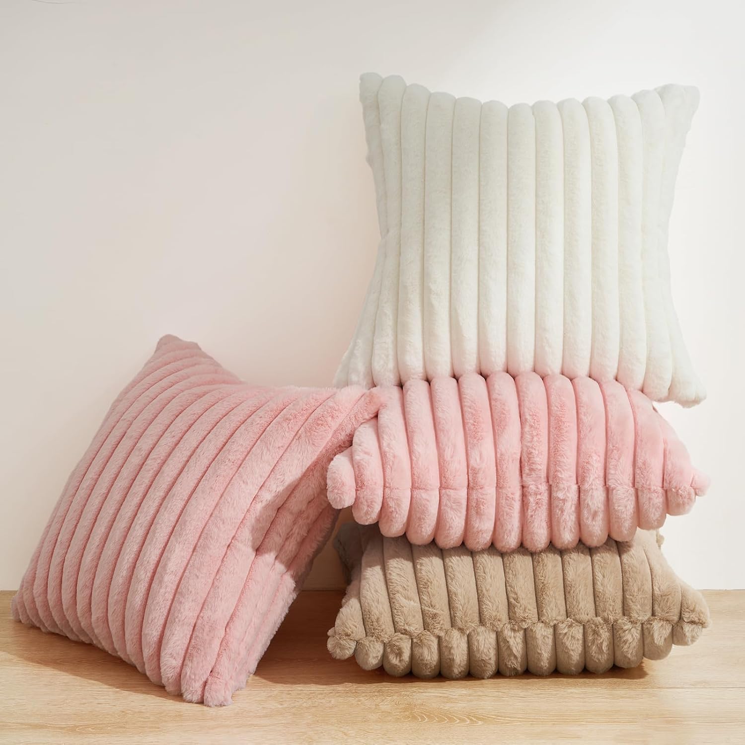 V439-FAUXNATURAL2-45-202506190416-04 Faux Fur Cushion Covers - Chunky Embossed Flannel with Hidden Zipper - Natural, 45cm x 45cm (Pack of 2) - Image 5