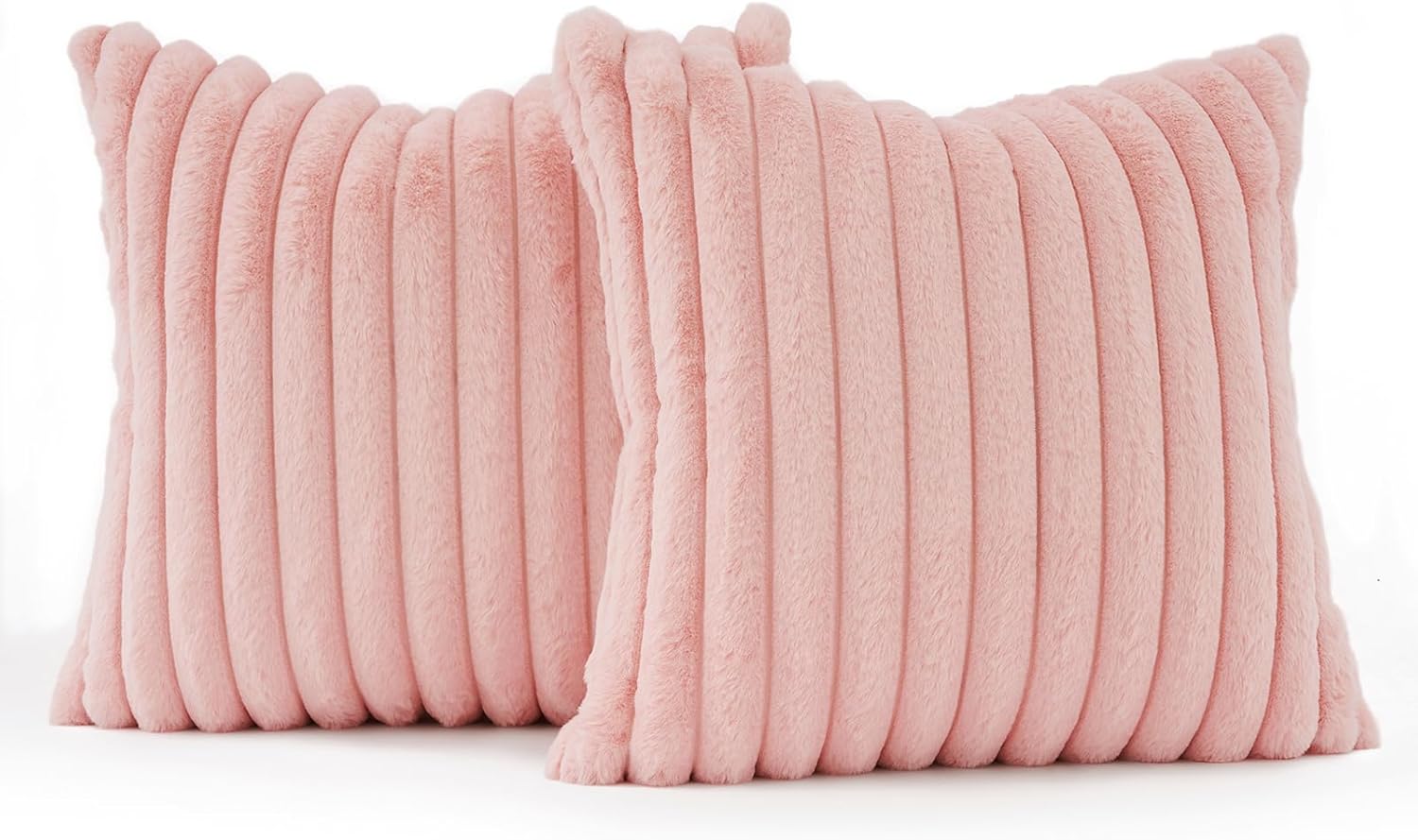 V439-FAUXPINK2-45-202506190417-01 Faux Fur Cushion Covers - Chunky Embossed Flannel with Hidden Zipper - Pink, 45cm x 45cm (Pack of 2) - Image 2