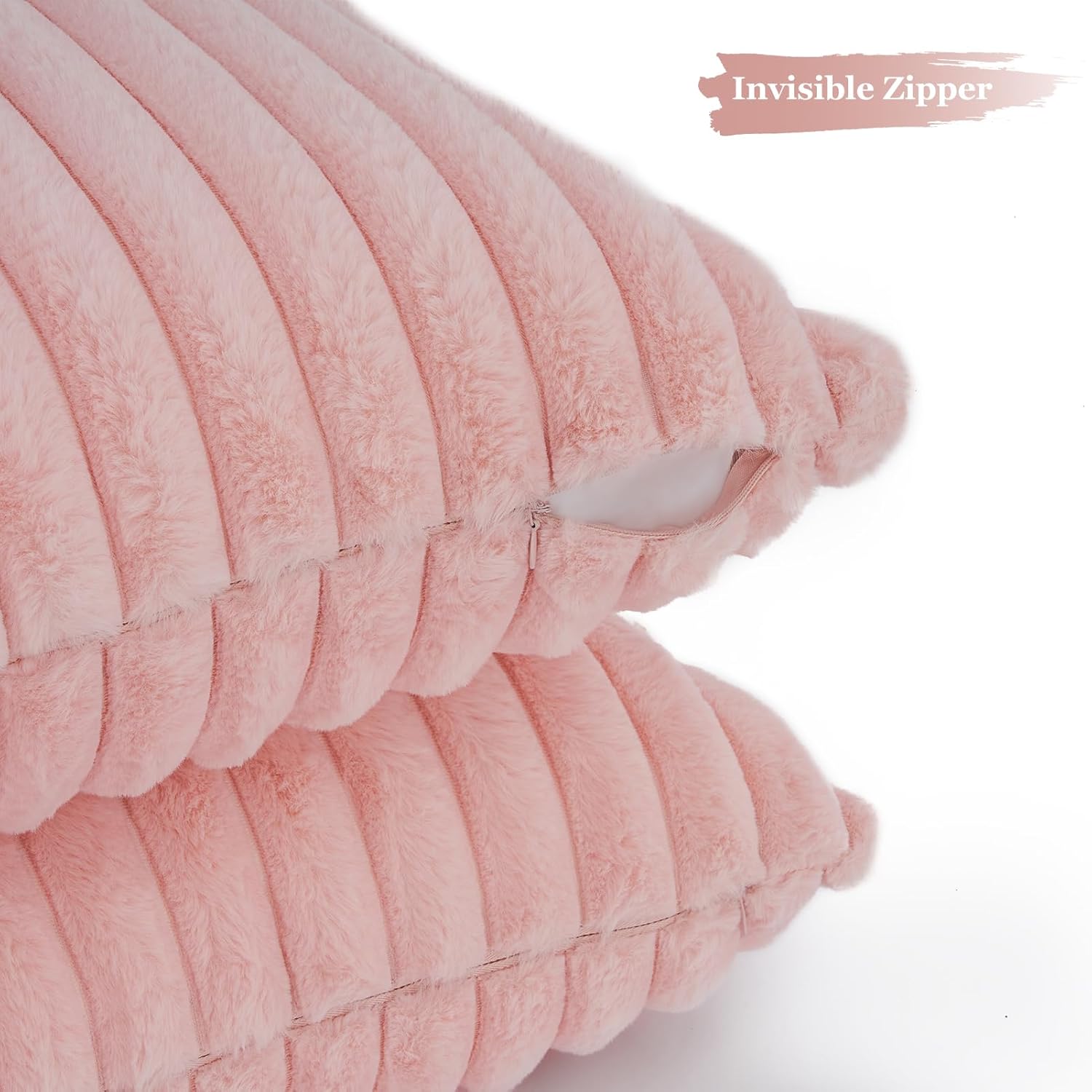 V439-FAUXPINK2-45-202506190417-02 Faux Fur Cushion Covers - Chunky Embossed Flannel with Hidden Zipper - Pink, 45cm x 45cm (Pack of 2) - Image 3