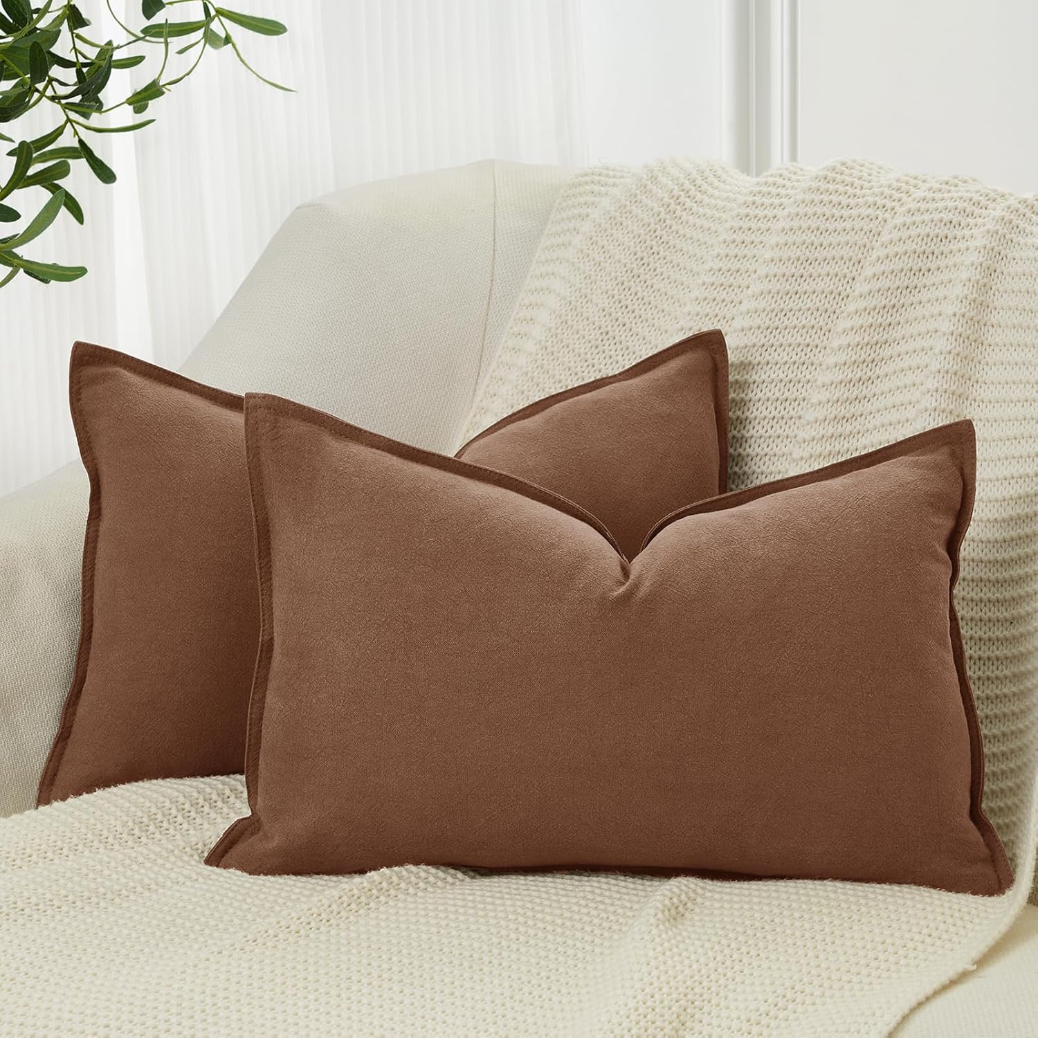 V439-LINENCOCOA2-30-202506190412-01 Linen Cushion Covers - 30% Linen 70% Cotton Blend, Soft & Breathable with Hidden Zipper Design - Cocoa Brown, 30cm x 50cm (Twin Pack) - Image 2