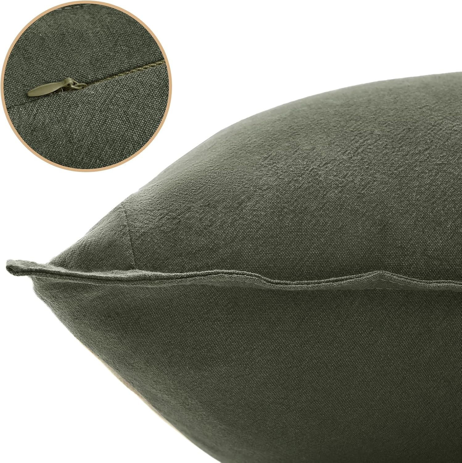 V439-LINENKHAKI2-30-202506190415-02 Linen Cushion Covers - 30% Linen 70% Cotton Blend, Soft & Breathable with Hidden Zipper Design - Khaki Green, 30cm x 50cm (Twin Pack) - Image 3