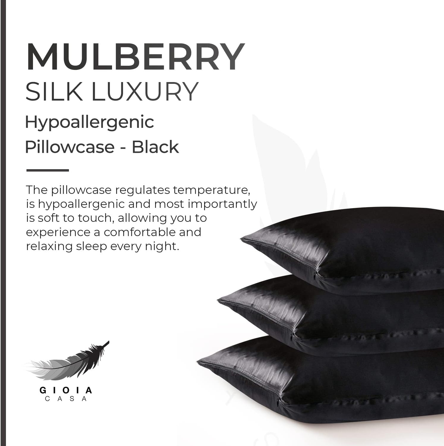 V439-PCSILKBK-191035-01 Luxury Pillowcase - 100% Pure Mulberry Silk on Both Sides - Black - Image 2