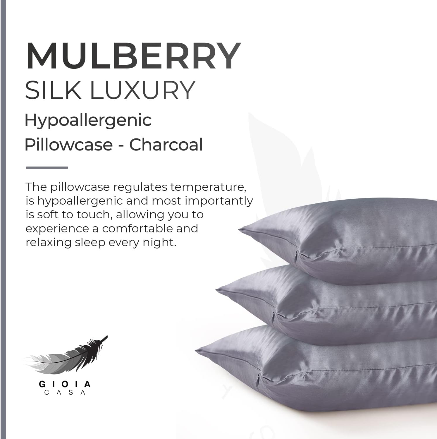 V439-PCSILKC-191036-01 Luxury Pillowcase - 100% Pure Mulberry Silk on Both Sides - Charcoal - Image 2
