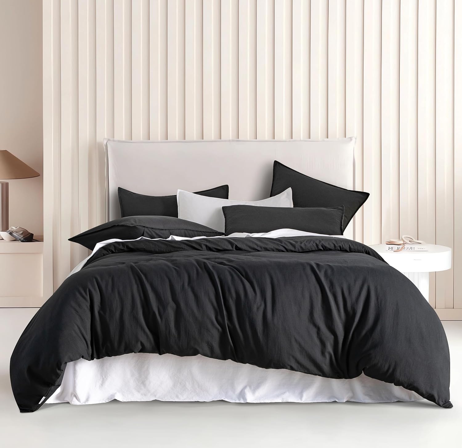 V439-SKQSBLACKWM-191175-00 Vintage Washed Microfibre Quilt Cover Set (3Pcs) - Black - Super King Size - Image 1