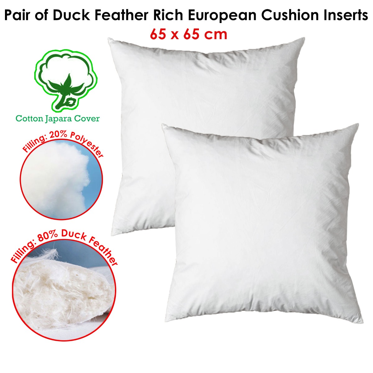 V442-ABR-CUSHION-PAIRFEATHER65CM-WHITE-EU-96769-01 Pair of Duck Feather Rich Fill European Cushion Inserter 65 x 65 cm - Image 2