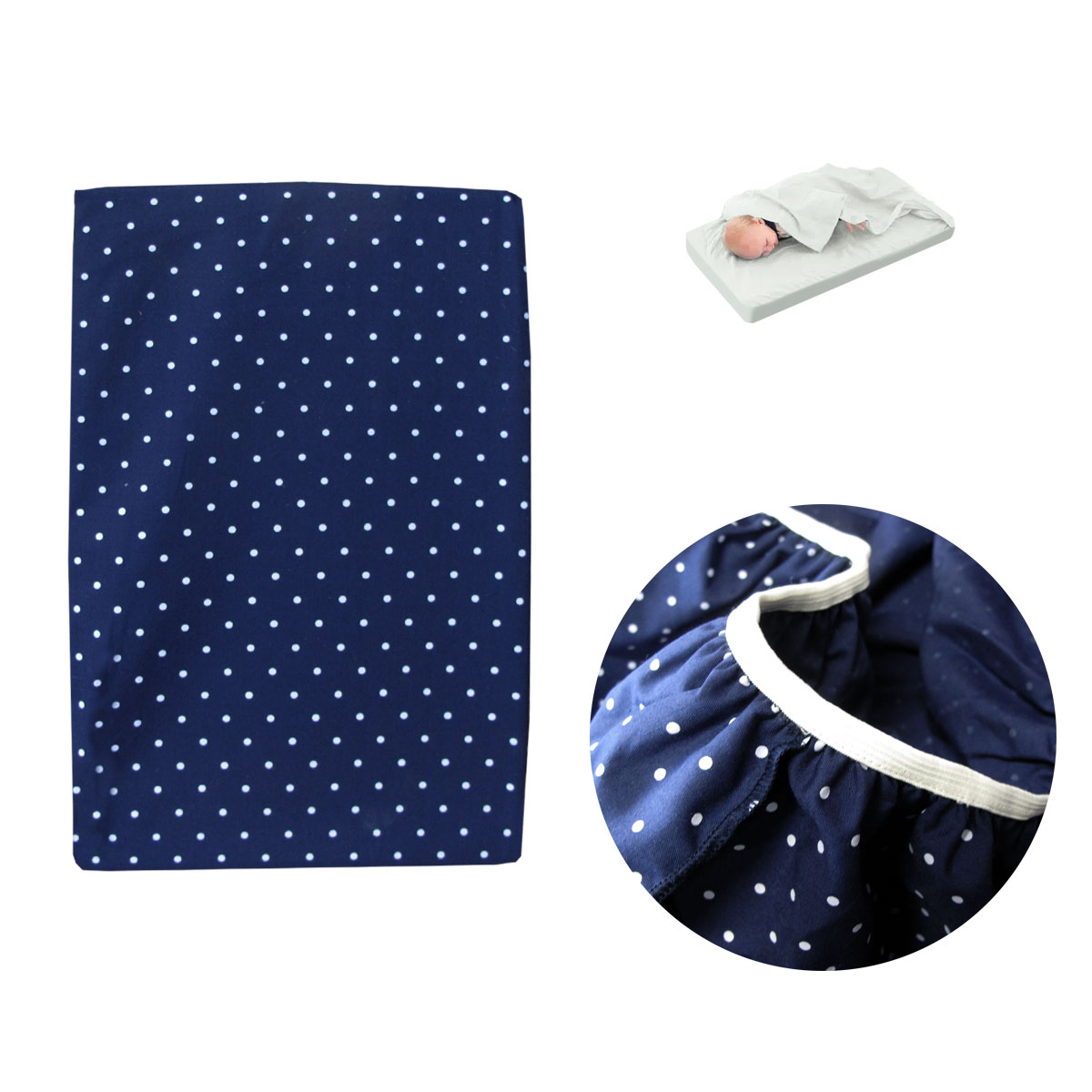 V442-ABR-FITTEDS-BASSINETPOLKADOT-NAVY-CT-177504-00 Polka Dot Navy Polyester Cotton Bassinet Fitted Sheet with a Flat Sheet Sewed Attached - Image 1