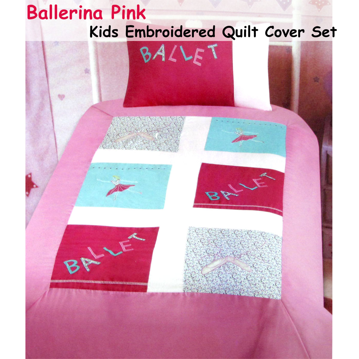 V442-ABR-QUILTCS-BALLERINA-PINK-SB-96761-01 Ballerina Embroidered Quilt Cover Set Single - Image 2