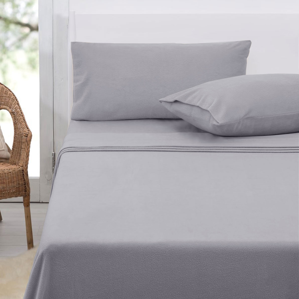 V442-ATX-SHEETS-POLARFLEECE-GREY-KI-79481-00 Polar Fleece Sheet Set King 36cm Wall with King Pillowcases Grey - Image 1