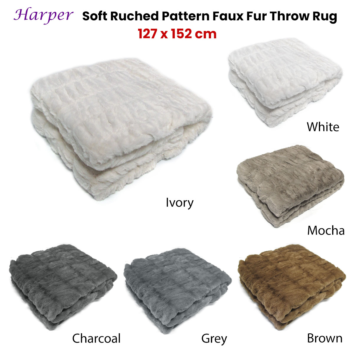 V442-ATX-THROW-HARPER-WHITE-RE-202506241232-01 Harper Soft Ruched Pattern Faux Fur Throw Rug 127 x 152 cm White - Image 2