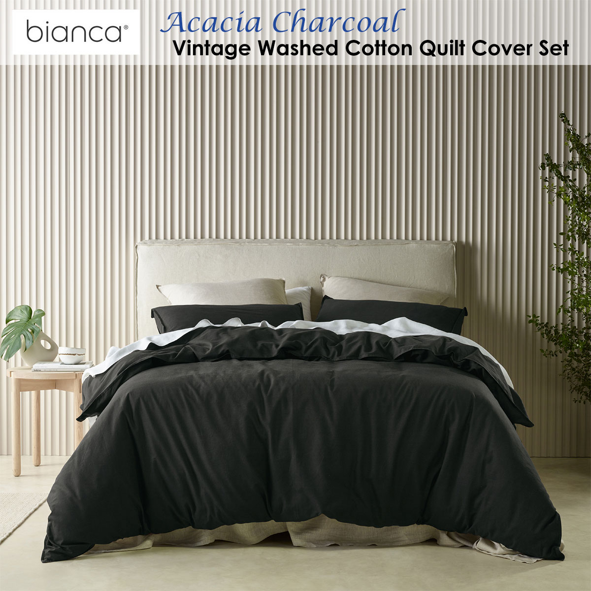 V442-BCA-QUILTCS-ACACIA-CHARCOAL-QS-202679-01 Bianca Acacia Charcoal Vintage Washed Cotton Quilt Cover Set Queen - Image 2