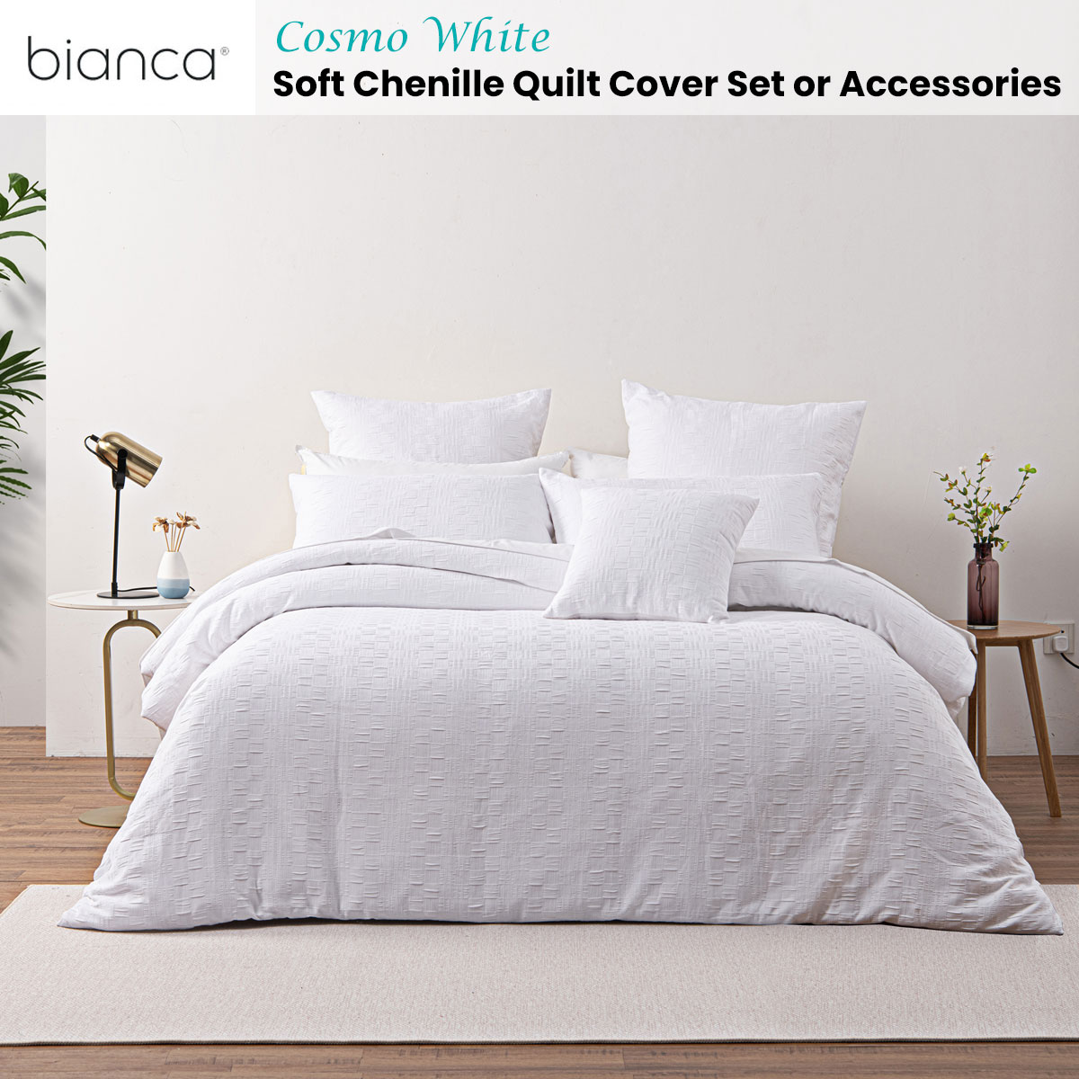 V442-BCA-QUILTCS-COSMO-WHITE-KI-213141-01 Bianca Cosmo White Soft Chenille Geometric Quilt Cover Set King - Image 2