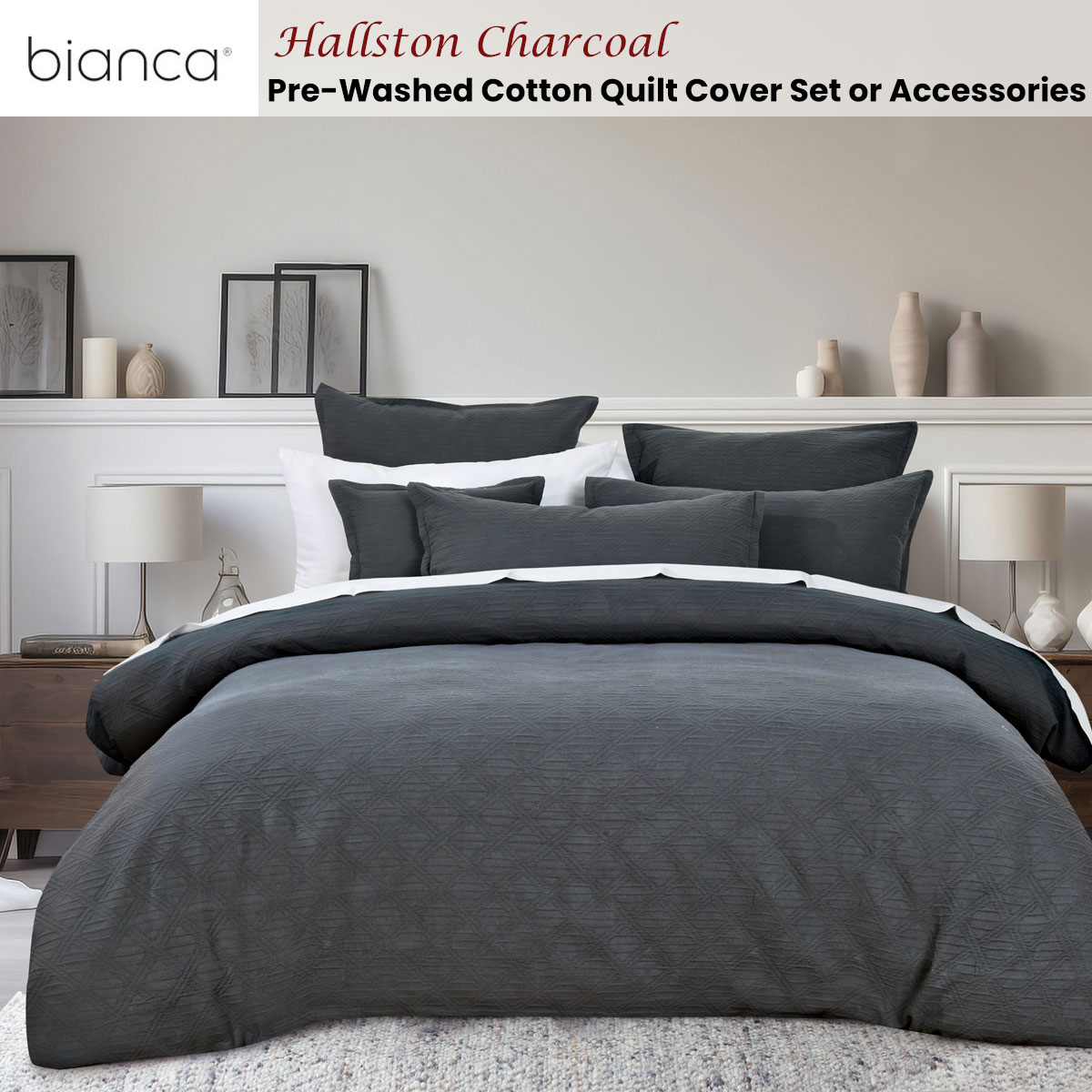 V442-BCA-QUILTCS-HALLSTON-CHARCOAL-SK-202505231021-01 Bianca Hallston Charcoal Pre-Washed Cotton Quilt Cover Set Super King - Image 2