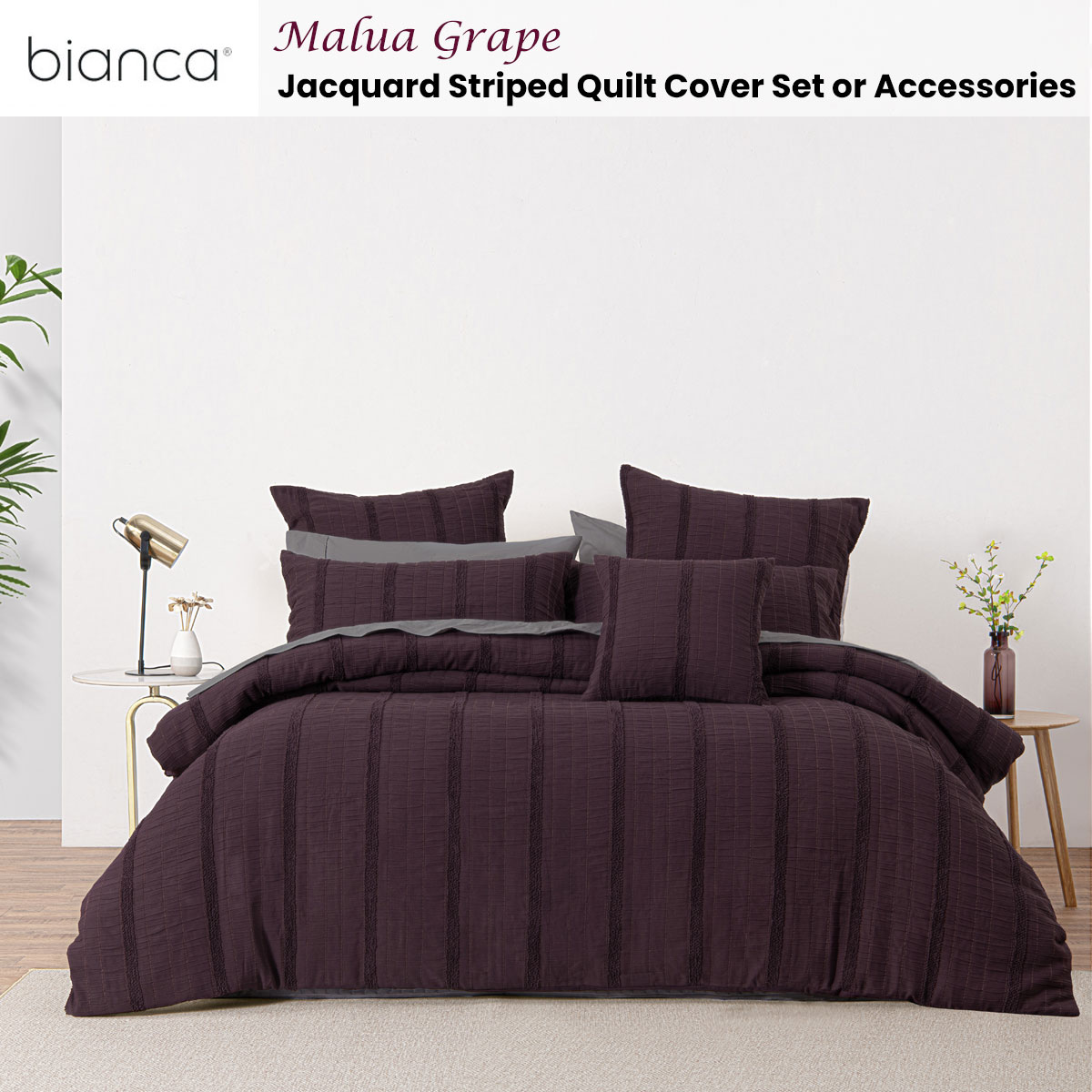 V442-BCA-QUILTCS-MALUA-GRAPE-SK-213156-01 Bianca Malua Grape Jacquard Striped Quilt Cover Set Super King - Image 2