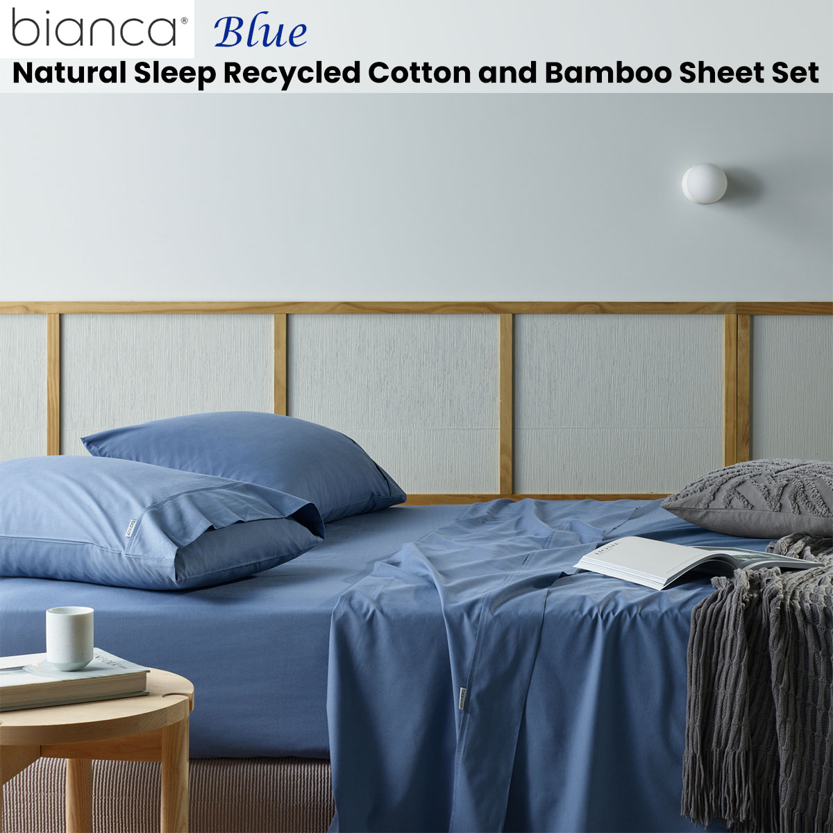 V442-BCA-SHEETS-RECYCLEDCB-BLUE-SB-203000-01 Bianca Natural Sleep Recycled Cotton and Bamboo Sheet Set Blue Single - Image 2