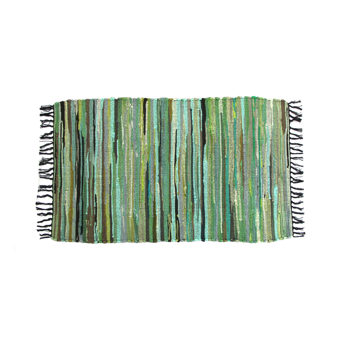 V442-BZO-FLOORR-TONALCHINDI-GREEN-RE-183868-00 Tonal Chindi Cotton Handmade Floor Mat with Tassels 70 x 120 cm Green - Image 1