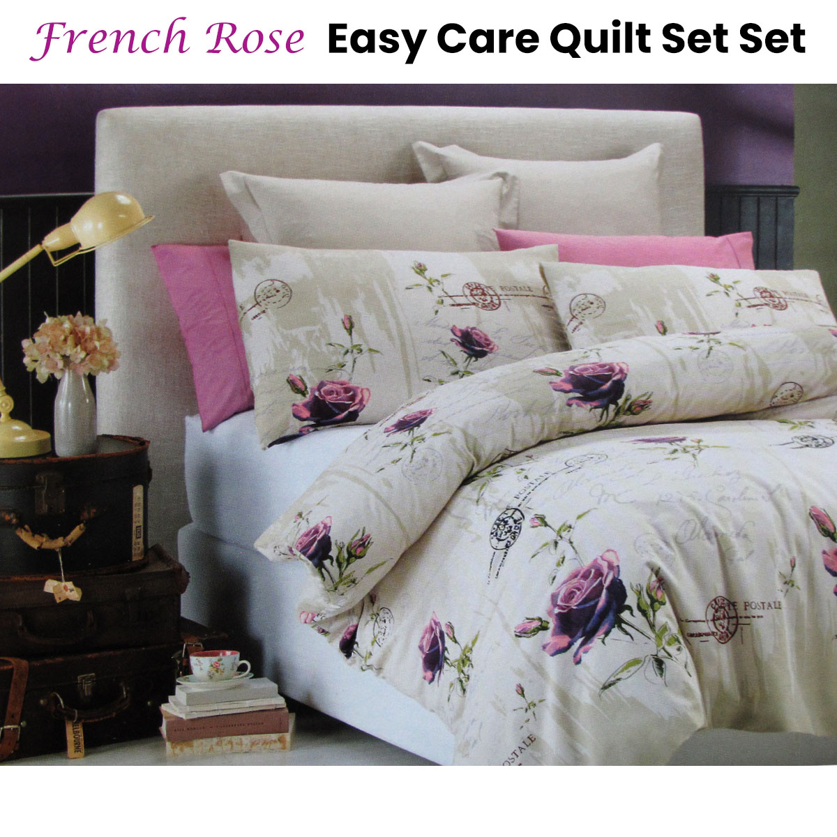 V442-CAP-QUILTCS-FRENCHROSE-TAUPE-QS-98558-01 Belmondo French Rose Easy Care Quilt Cover Set Queen - Image 2