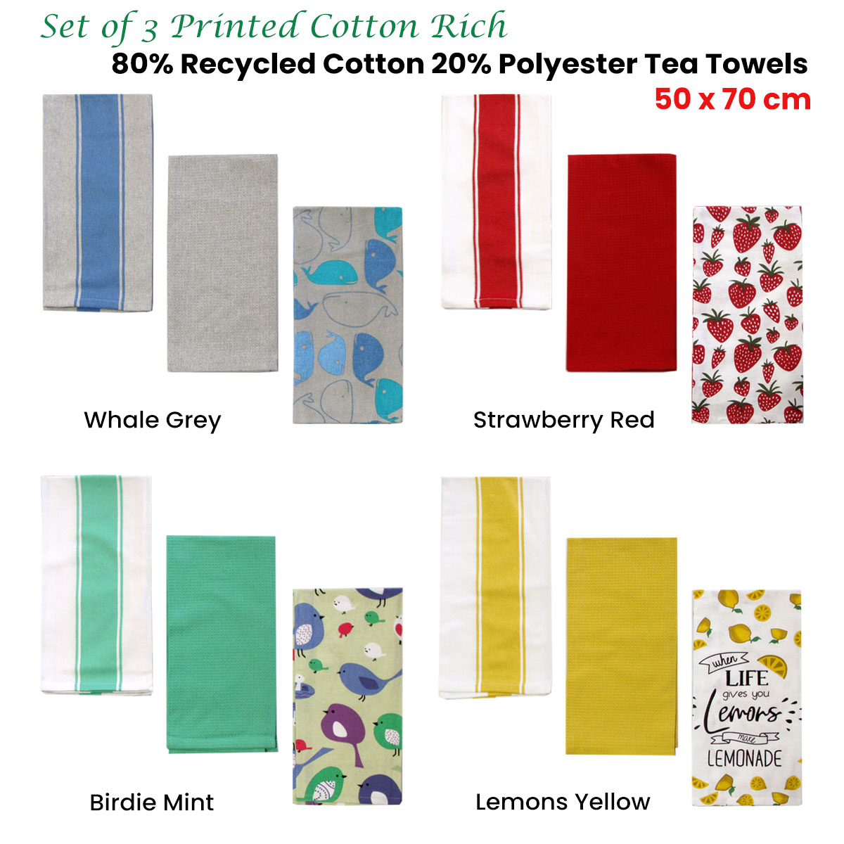 V442-GNA-TEAT-LEMONSSETOF3-YELLOW-RE-210957-03 Home Oasis Set of 3 Printed Cotton Rich Tea Towels 50 x 70 cm Lemons Yellow - Image 4