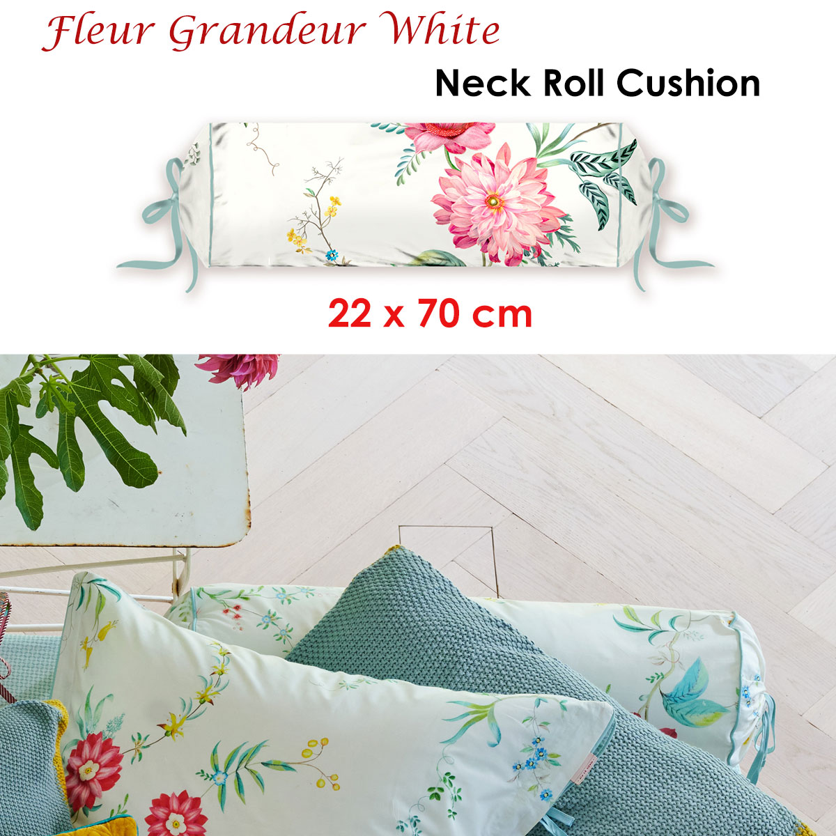 V442-HIN-NECKROLL-FLEURGRANDEUR-WHITE-NK-82480-01 PIP Studio Fleur Grandeur White Neck Roll Cushion - Image 2