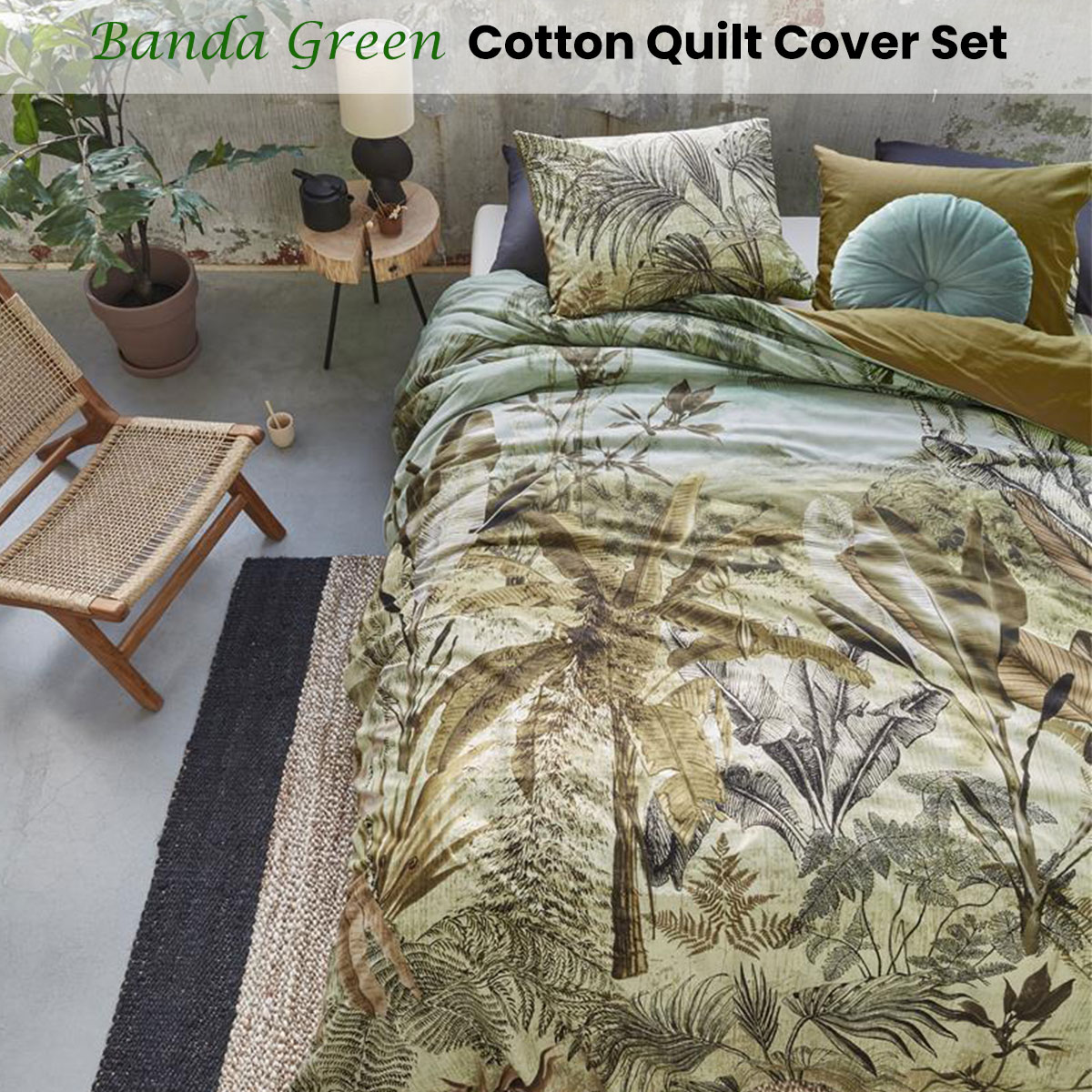 V442-HIN-QUILTCS-BANDA-GREEN-QS-83529-01 Bedding House Banda Green Cotton Quilt Cover Set Queen - Image 2