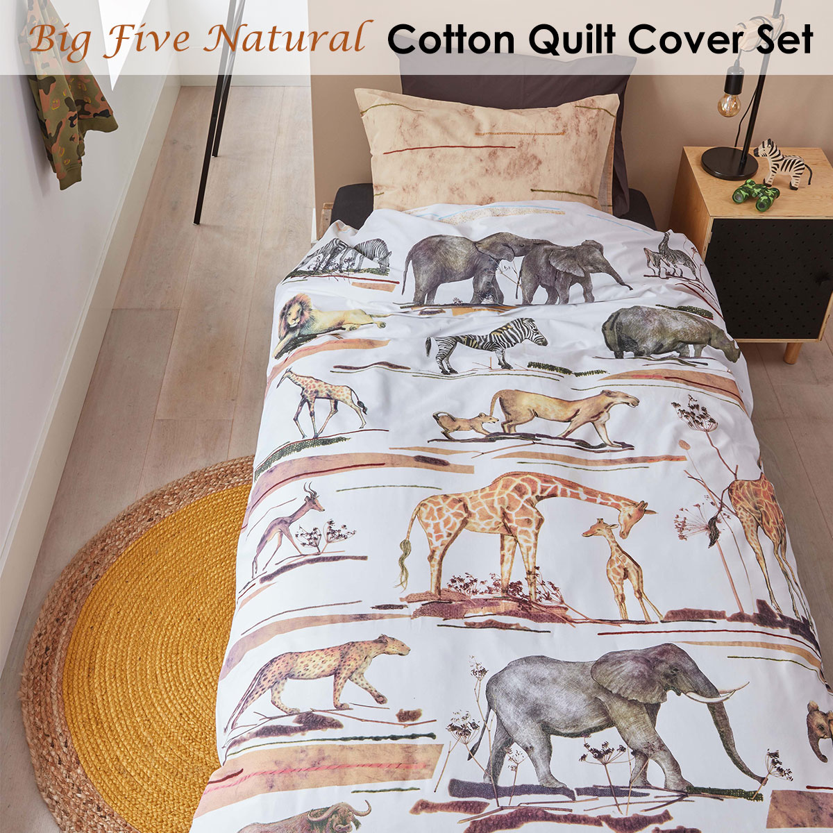 V442-HIN-QUILTCS-BIGFIVE-NATURAL-SB-82733-01 Bedding House Big Five Natural Cotton Quilt Cover Set Single - Image 2