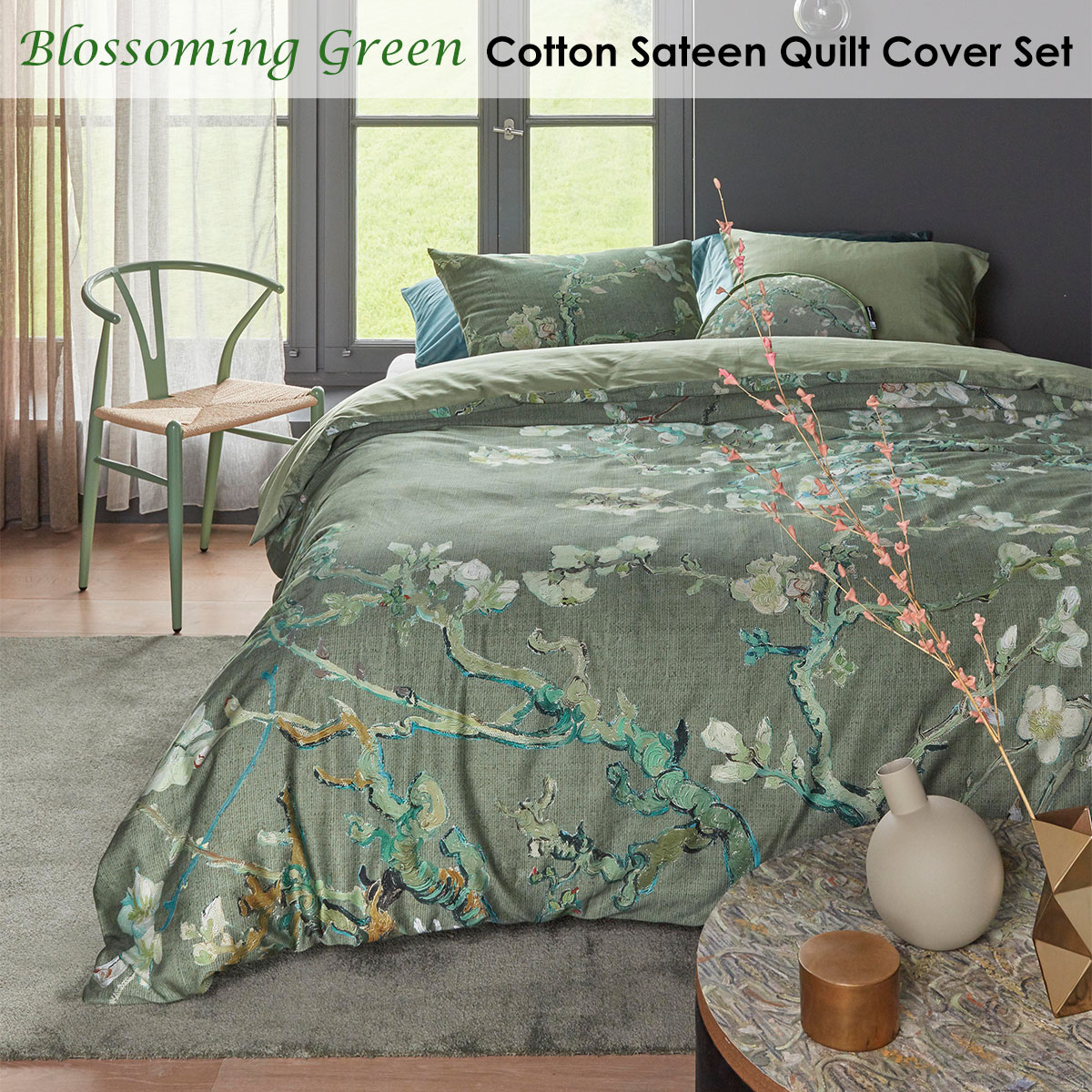 V442-HIN-QUILTCS-BLOSSOMING-GREEN-QS-82732-01 Bedding House Blossoming Green Cotton Sateen Quilt Cover Set Queen - Image 2