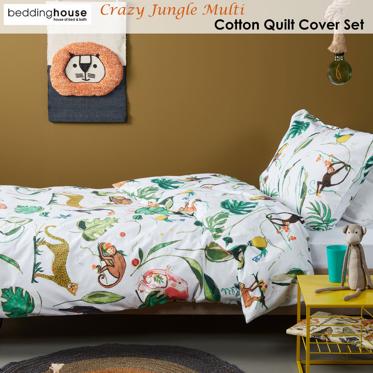 V442-HIN-QUILTCS-CRAZYJUNGLE-MULTI-SB-83218-01 Bedding House Crazy Jungle Multi Cotton Quilt Cover Set Single - Image 2