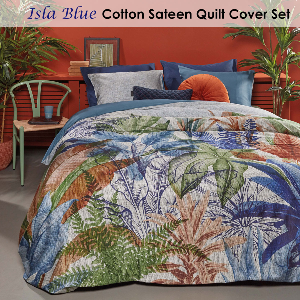 V442-HIN-QUILTCS-ISLA-BLUE-KI-82711-01 Bedding House Isla Blue Cotton Sateen Quilt Cover Set King - Image 2
