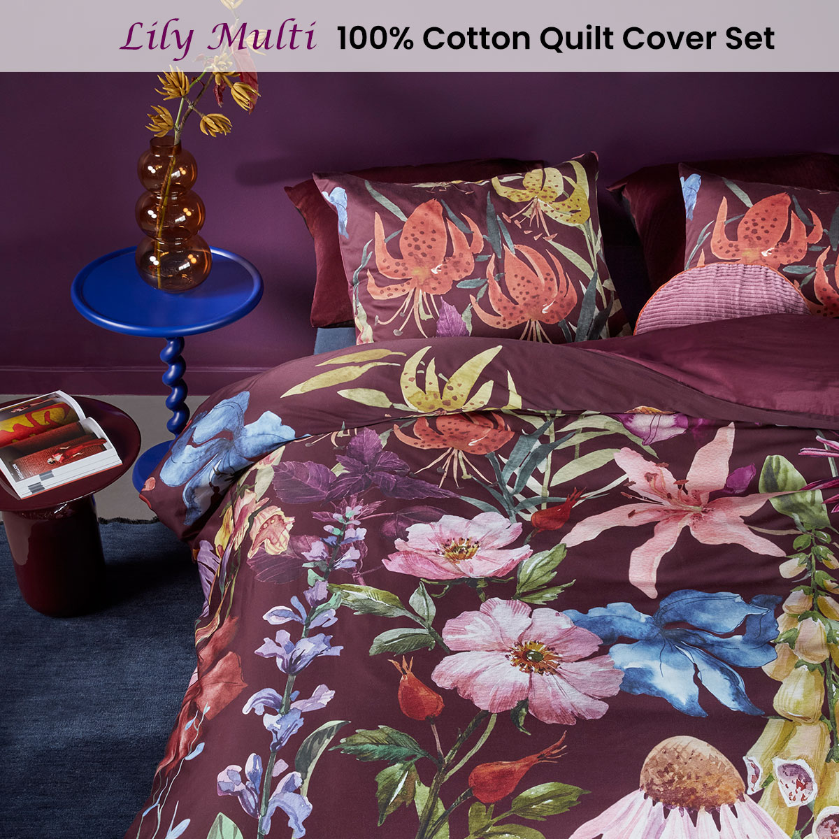 V442-HIN-QUILTCS-LILY-MULTI-QS-202503030936-01 Bedding House Lily Multi Cotton Floral Quilt Cover Set Queen - Image 2