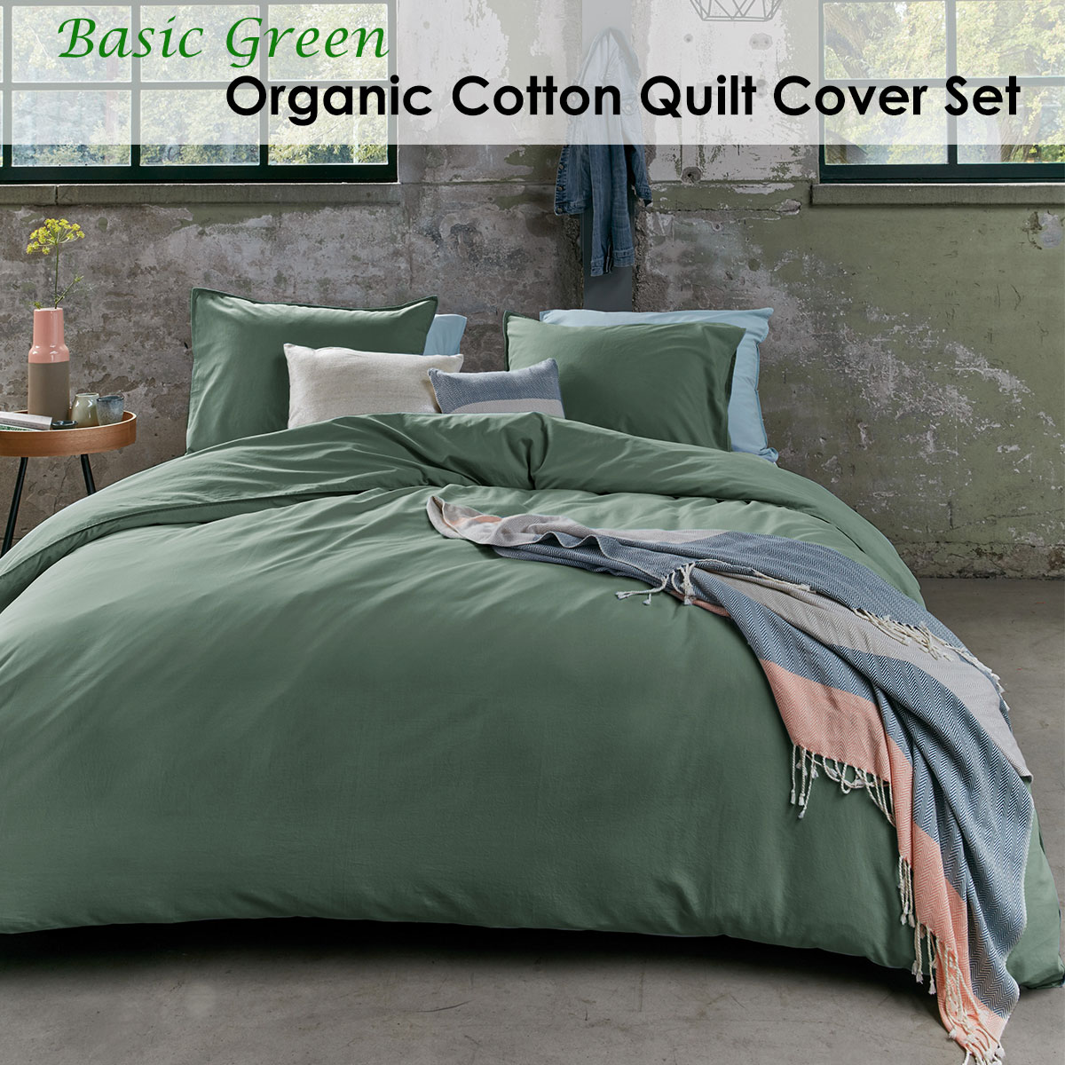 V442-HIN-QUILTCS-ORGANICCOTTON-GREEN-KI-82880-01 Bedding House Organic Cotton Basic Green Quilt Cover Set King - Image 2