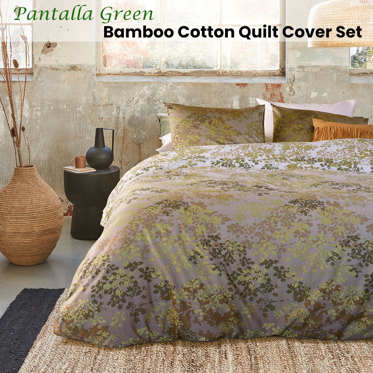 V442-HIN-QUILTCS-PANTALLA-GREEN-QS-83523-01 Bedding House Pantalla Green Bamboo Cotton Quilt Cover Set Queen - Image 2