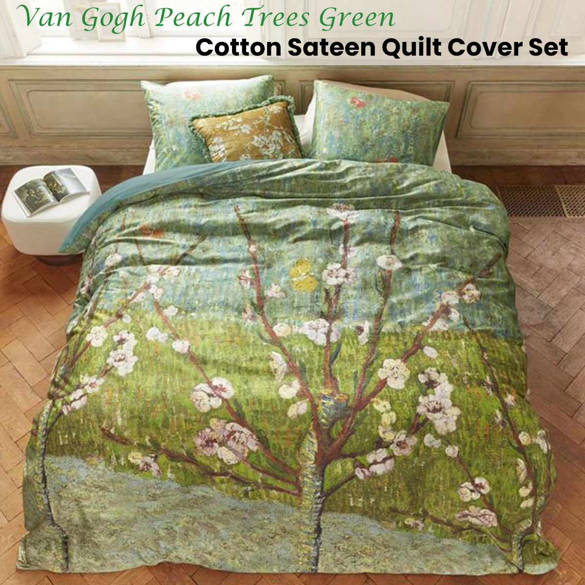 V442-HIN-QUILTCS-PEACHTREES-GREEN-QS-158456-01 Bedding House Van Gogh Peach Trees Green Cotton Sateen Quilt Cover Set Queen - Image 2