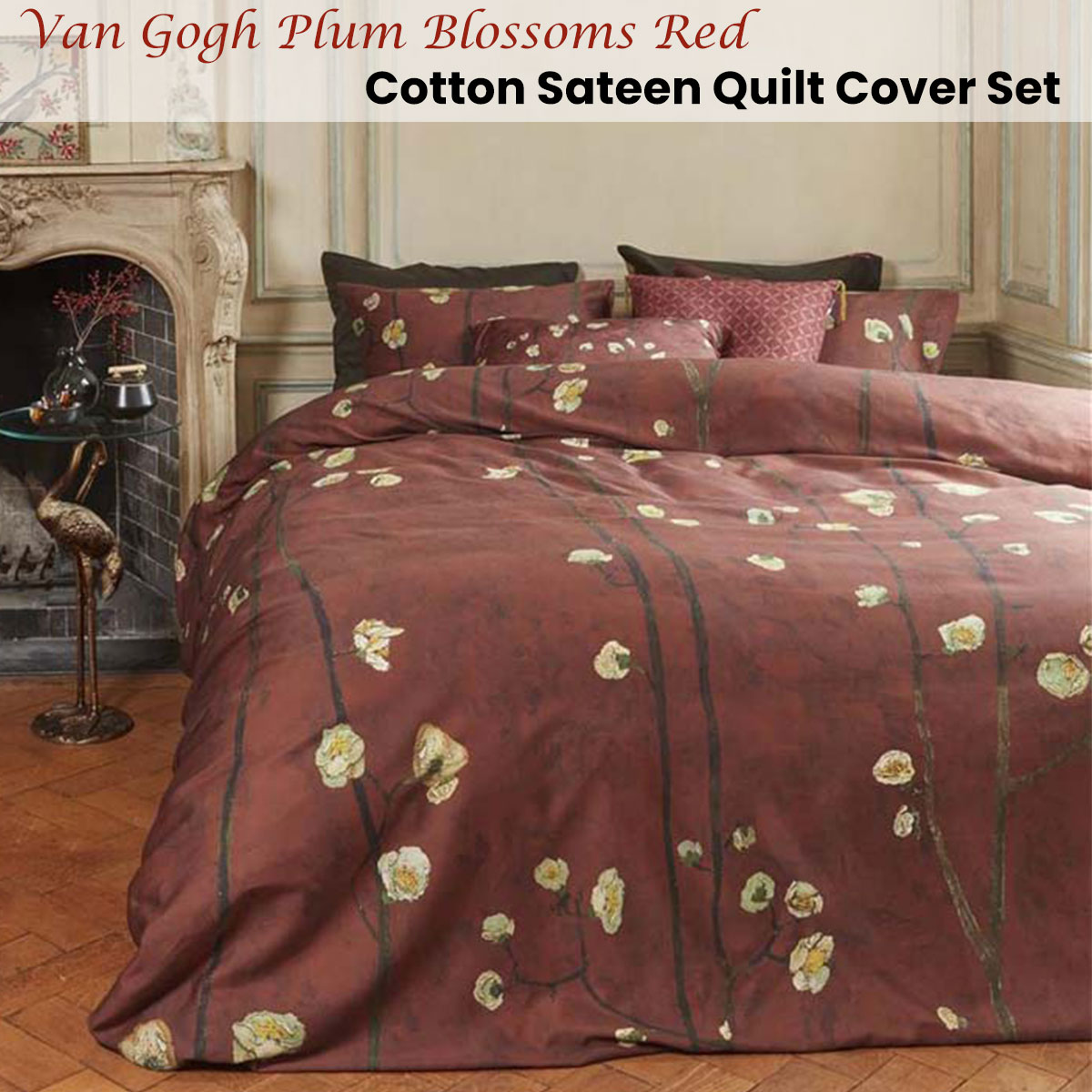V442-HIN-QUILTCS-PLUMBLOSSOMS-RED-QS-158453-01 Bedding House Van Gogh Plum Blossoms Red Cotton Sateen Quilt Cover Set Queen - Image 2