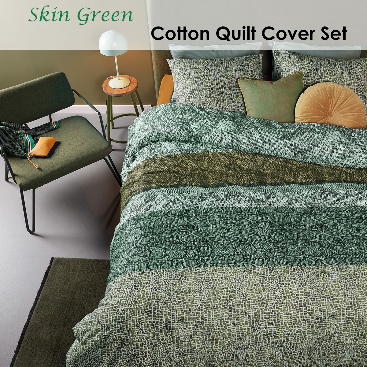 V442-HIN-QUILTCS-SKIN-GREEN-QS-82888-01 Bedding House Skin Green Cotton Quilt Cover Set Queen - Image 2