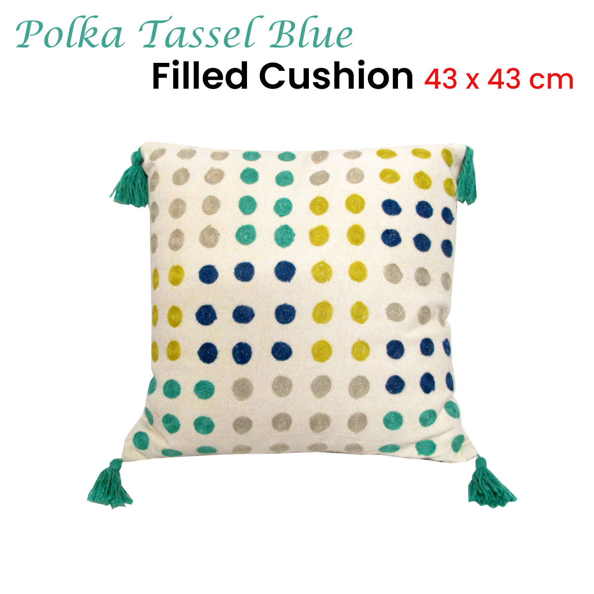 V442-IDC-CUSHION-POLKATASSEL-BLUE-SQ-78455-01 J.Elliot Home Polka Dots Tassel Blue Filled Cushion 43 x 43 cm - Image 2