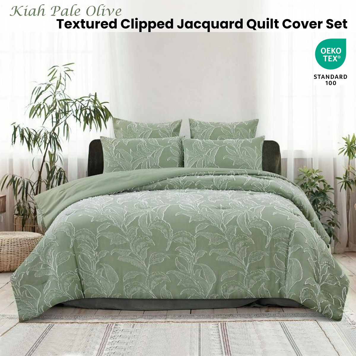 V442-INT-QUILTCS-KIAH-PALEOLIVE-KI-144516-01 Ardor Kiah Pale Olive Textured Clipped Jacquard Quilt Cover Set King - Image 2