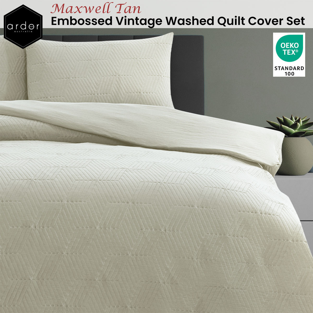 V442-INT-QUILTCS-MAXWELL-TAN-KI-144508-01 Ardor Maxwell Tan Embossed Vintage Washed Quilt Cover Set King - Image 2