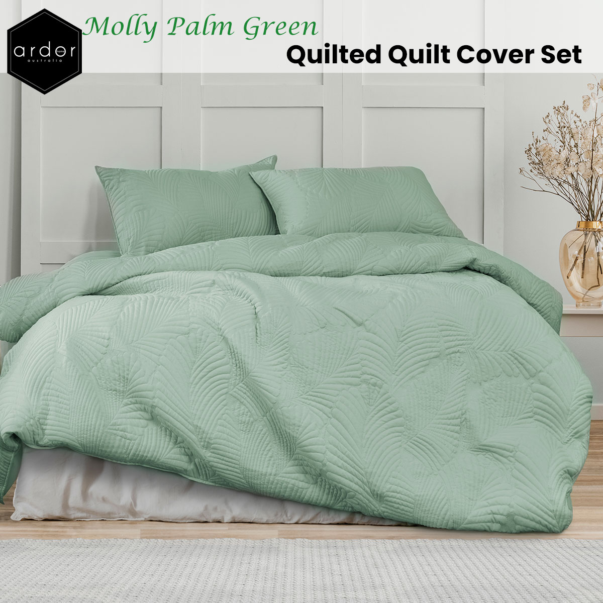 V442-INT-QUILTCS-MOLLYPALM-GREEN-QS-144527-01 Ardor Molly Palm Green Quilted Quilt Cover Set Queen - Image 2