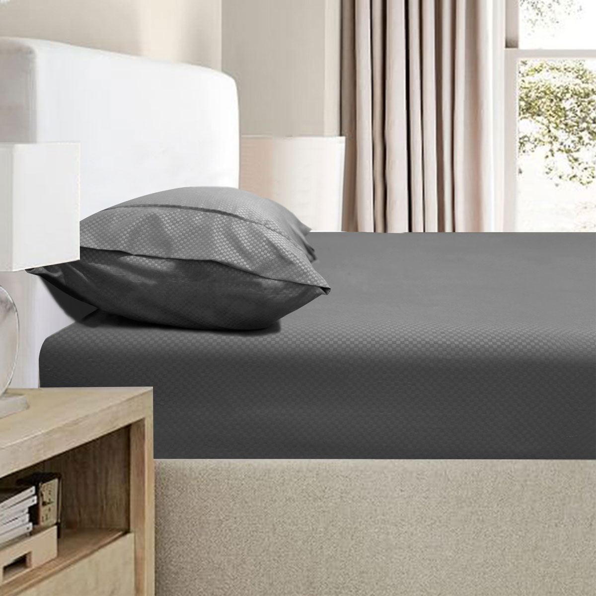 V442-KIT-FITTEDSS-2000TCBAMBOO-CHARCOAL-QS-174766-00 Ramesses 2000TC Bamboo Embossed Fitted Sheet Combo Set Charcoal Queen - Image 1