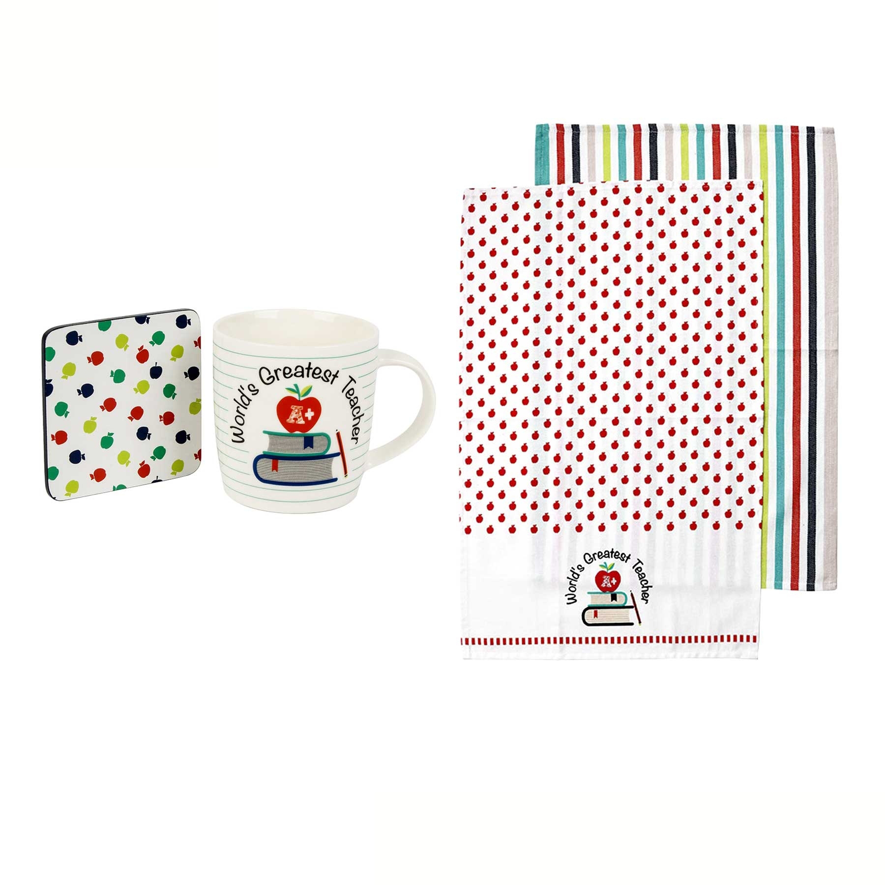 V442-LDE-MISC-GREATESTTCHRMUGTEATOWEL-WHITE-SH-77901-00 Ladelle World's Greatest Teacher Mug & Coaster & Tea Towels - Image 1