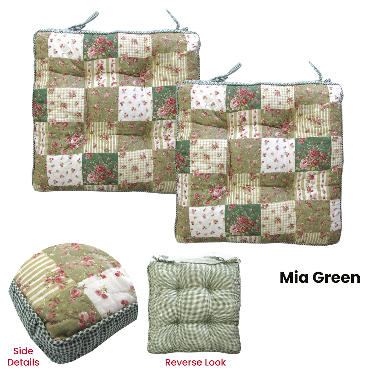 V442-LYL-CHAIRCU-SETOF2MIA-GREEN-SQ-189760-01 Lylac Homewares Petal Delights Set of 2 Cotton Chair Pads Mia Green - Image 2