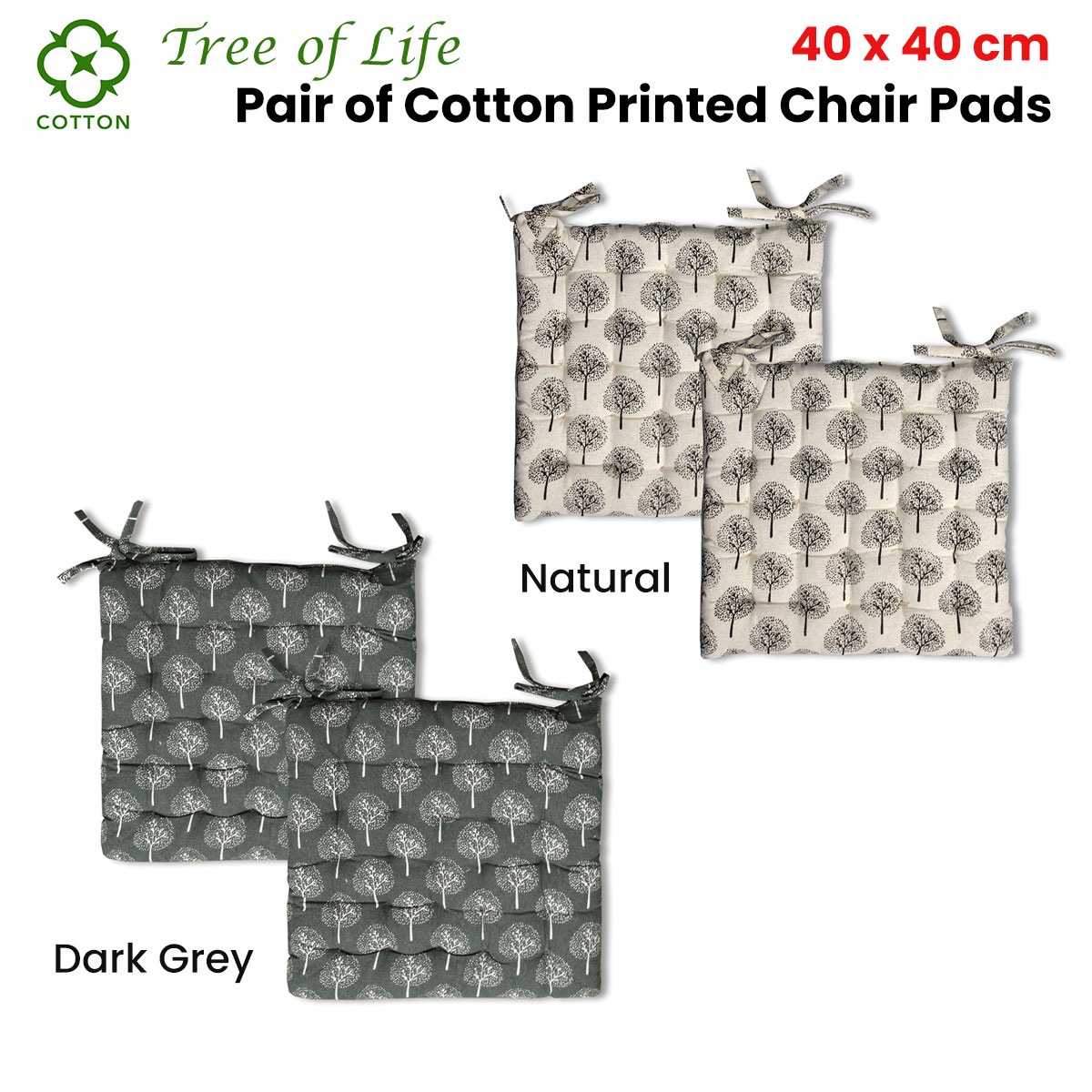 V442-LYL-CHAIRCU-SETOF2TREEOFLIFE-DARKGREY-SQ-189759-01 Lylac Homewares Tree of Life Set of 2 Cotton Chair Pads Dark Grey - Image 2