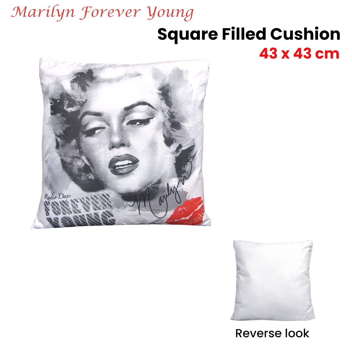 V442-MFL-CUSHION-FOREVERYOUNG-WHITE-SQ-208821-01 Marilyn Monroe Forever Young Square Filled Cushion 43 x 43 cm - Image 2