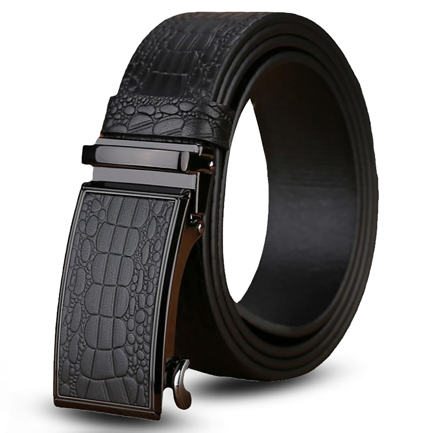 V462-FB-96-01-97364-00 Genuine Cowhide Embossed with Crocodile Pattern Belt Luxury Business Automatic Belts (Black) - Image 1