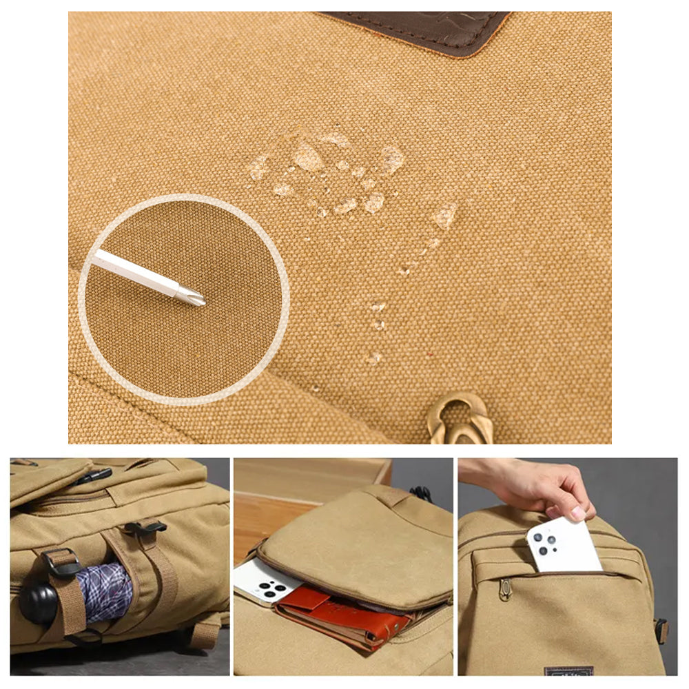 V462-TO-42-02-98726-04 Unisex Leisure Canvas Backpack Durable Waterproof Outdoor Travel Rucksack(Khaki) - Image 5