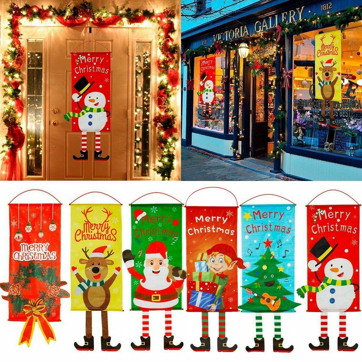 V474-287831-103261-00 Christmas Hanging Banner Flag Door Window Décor Santa Reindeer Snowman Ornaments, Set of 6 - Image 1
