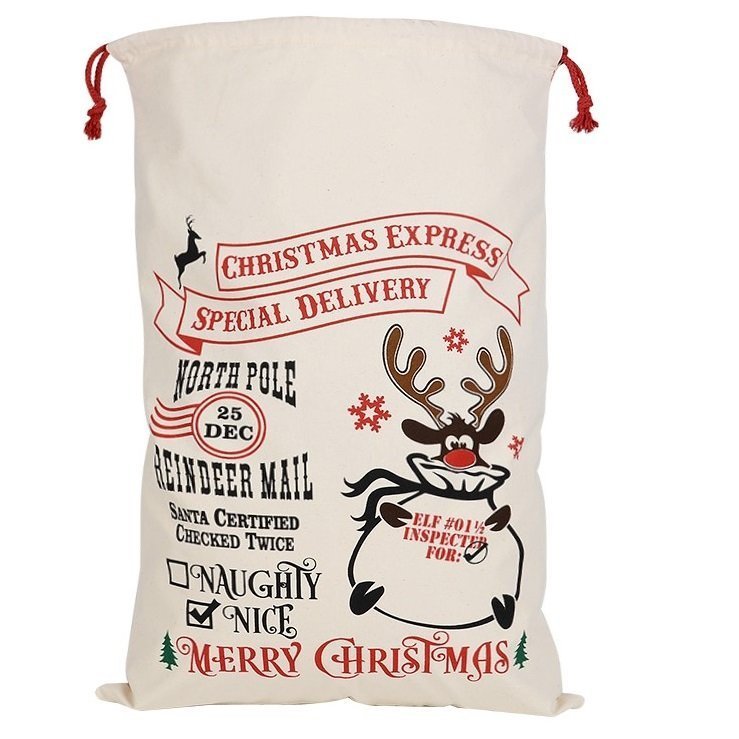 V474-380065-102726-00 Large Christmas XMAS Hessian Santa Sack Stocking Bag Reindeer Children Gifts Bag, Cream - Reindeer Mail (2) - Image 1