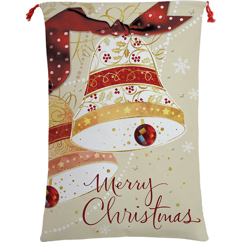 V474-462309-102624-00 Large Christmas XMAS Hessian Santa Sack Stocking Bag Reindeer Children Gifts Bag, Merry Christmas Bells - Image 1