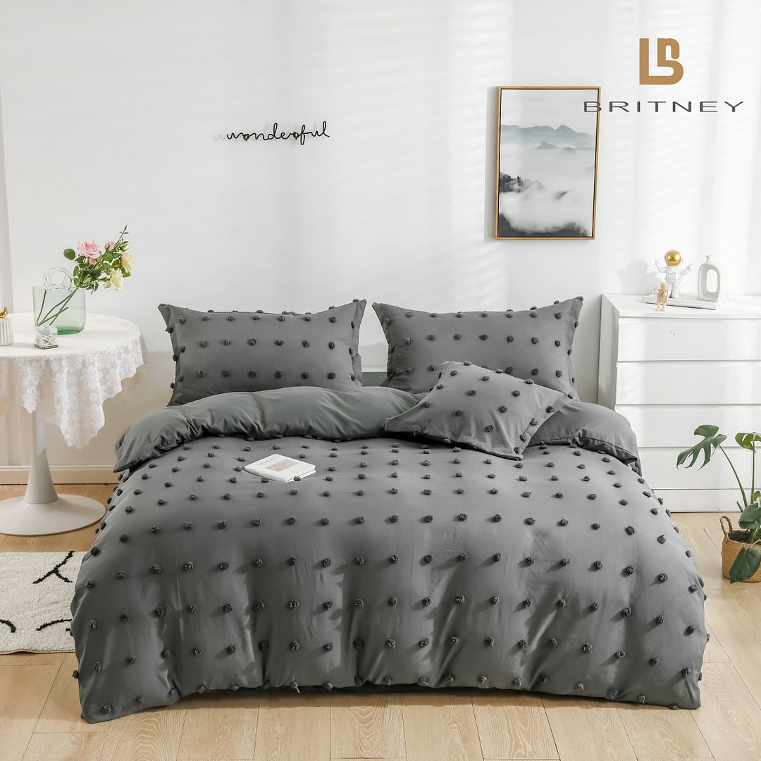 V493-JO-06-Q-88086-02 Tufted Dot Jacquard Queen Size Grey Duvet Quilt Cover Set - Image 1